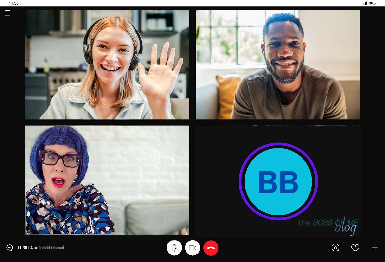 Four colleagues on a video call. One is not on camera and shows a digital image of a Microsoft Teams circle.