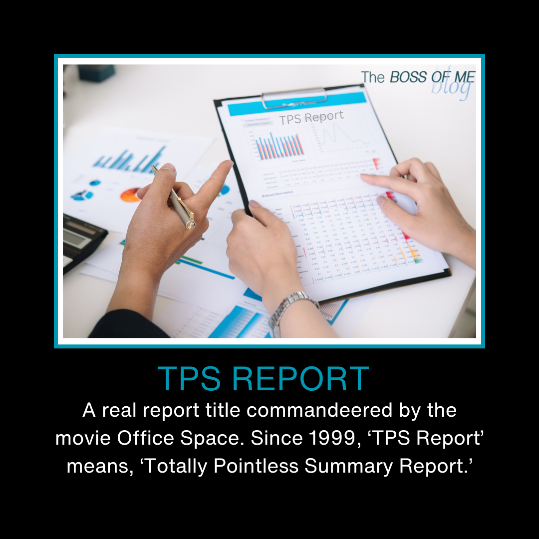 TPS Report Meme. The image is of one hand pointing to a report held by the hands of another person. The report title is ‘TPS Report.’ The caption reads, TPS REPORT — A real report title commandeered by the movie Office Space. Since 1999, ‘TPS Report’ means, ‘Totally Pointless Summary Report.’