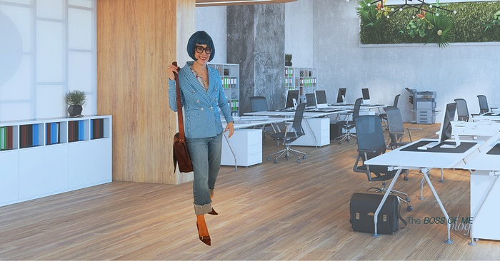 A woman with blue hair wearing leopard print kitten heels, cuffed jeans, a blue and white checked blazer, and a patterned blouse, carrying a brown leather bag in an office.